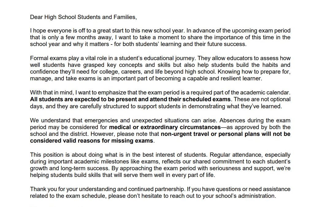 Letter to High School Families Regarding Exam Period