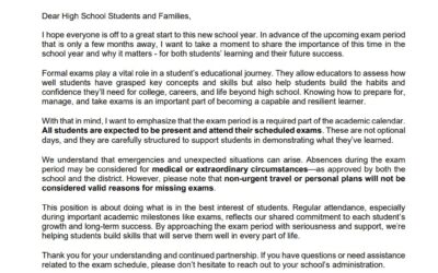 Letter to High School Families Regarding Exam Period